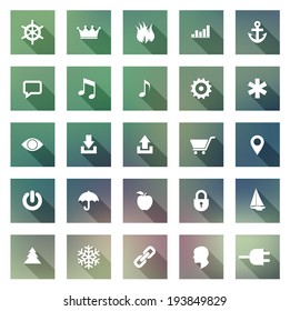 Set of square flat style vector icons with long shadows over a blurry green colorful background