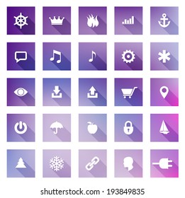 Set of square flat style vector icons with long shadows over a blurry purple colorful background