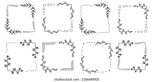 Set of square floral empty frame with branches and flowers. Elegant herbs or blossoms. Vector botanical outline borders set