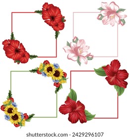 set of square flower frames, namely open buds of various flowers and green leaves with various contours of the square, for posters, banners or holiday cards