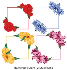 set of square flower frames, namely open buds of various flowers and green leaves with various contours of the square, for posters, banners or holiday cards