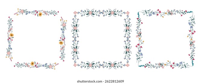 Conjunto de marcos cuadrados de flores, coronas. Plantilla de diseño floral. Anuncio romántico de celebración de tiernas vacaciones nupciales. La planta es un borde botánico decorativo.