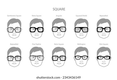 Set of Square frame glasses on men fashion accessory illustration. Sunglass front view for women, unisex silhouette style, flat rim spectacles eyeglasses with lens sketch style outline isolated