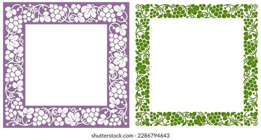 Set of square frame with patterns of vine, ripe grape and leaves. Seamless pattern, isolated and ornament on colored background. Vector illustration