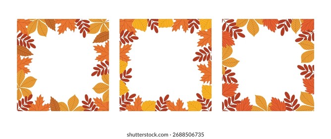Set of square frames with autumn leaves. Decorative frames for fall seasonal designs. Empty frames for postcards, invitations, social media. Flat style vector illustrations
