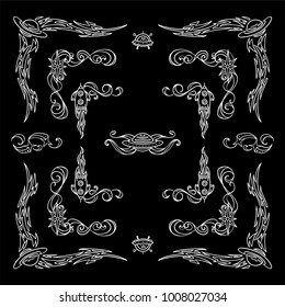 Set of square frames, corners, dividers in ornate vintage style. Stars, waves, Space and celestial body abstract elements. Black and white colors, chalkboard design.  Set 4 from 6