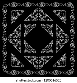 Set of square frames, corners, dividers in ornate vintage style. Pumpkin, witch hat, bat, broom, cute autumn elements. Black and white colors, chalkboard design.  Set 4 from 6