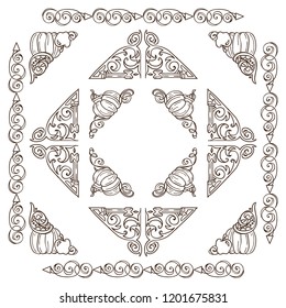 Set of square frames, corners, dividers in ornate vintage style. Pumpkin, witch hat, bat, broom, cute autumn elements. Sepia color line isolated on white background. Classic design, set 4 from 6
