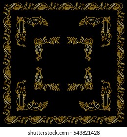 Set of square frames, corners, dividers in ornate vintage style. Vine, bottles, grapes, wine, wave elements. Sepia color line isolated on white background. Premium gold style