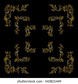 Set of square frames, corners, dividers in ornate vintage style. Vine, bottles, grapes, wine, wave elements. Sepia color line isolated on white background. Premium gold style