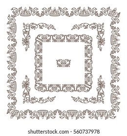 Set of square frames, corners, dividers in ornate vintage style. Vine, bottles, grapes, wine, wave elements. Sepia color line isolated on white background. Classic design