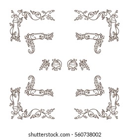 Set of square frames, corners, dividers in ornate vintage style. Vine, bottles, grapes, wine, wave elements. Sepia color line isolated on white background. Classic design