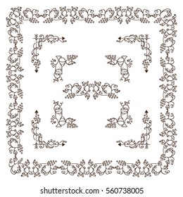 Set of square frames, corners, dividers in ornate vintage style. Vine, bottles, grapes, wine, wave elements. Sepia color line isolated on white background. Classic design