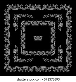 Set of square frames, corners, dividers in ornate vintage style. Vine, bottles, grapes, wine, wave elements. Sepia color line isolated on white background. Chalkboard style