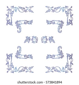 Set of square frames, corners, dividers in ornate vintage style. Vine, bottles, grapes, wine, wave elements. Sepia color line isolated on white background. Blue watercolor style 