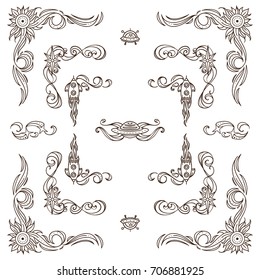 Set of square frames, corners, dividers in ornate vintage style. Stars, Space and celestial body abstract elements. Sepia color line isolated on white background. Classic design, set 4 from 6