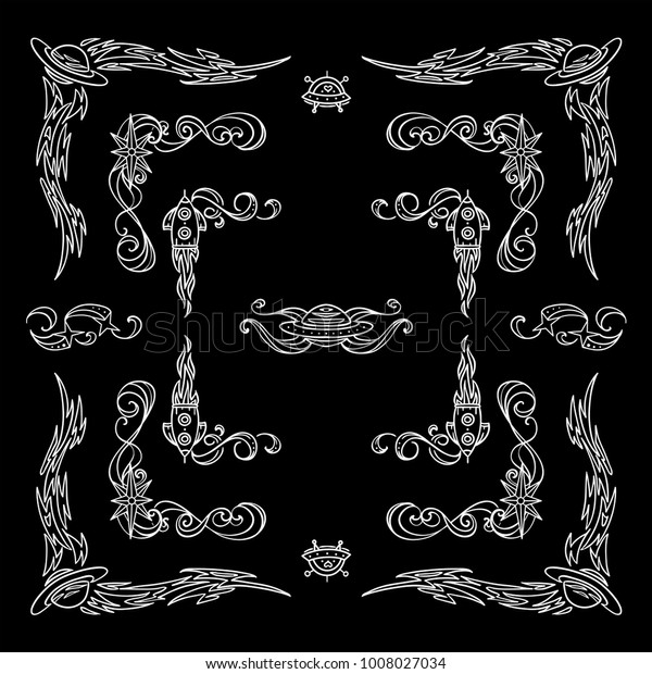 Set of square\
frames, corners, dividers in ornate vintage style. Stars, waves,\
Space and celestial body abstract elements. Black and white colors,\
chalkboard design.  Set 4 from\
6