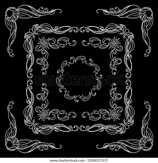 Set of square\
frames, corners, dividers in ornate vintage style. Stars, waves,\
Space and celestial body abstract elements. Black and white colors,\
chalkboard design.  Set 2 from\
6