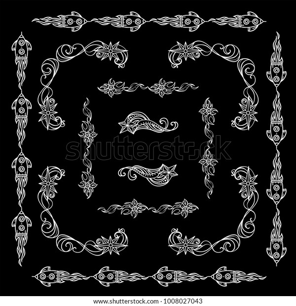 Set of square\
frames, corners, dividers in ornate vintage style. Stars, waves,\
Space and celestial body abstract elements. Black and white colors,\
chalkboard design.  Set 5 from\
6