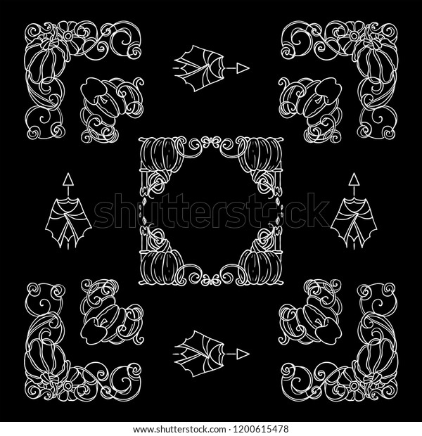 Set of\
square frames, corners, dividers in ornate vintage style. Pumpkin,\
witch hat, bat, broom, cute autumn elements. Black and white\
colors, chalkboard design.  Set 3 from\
6