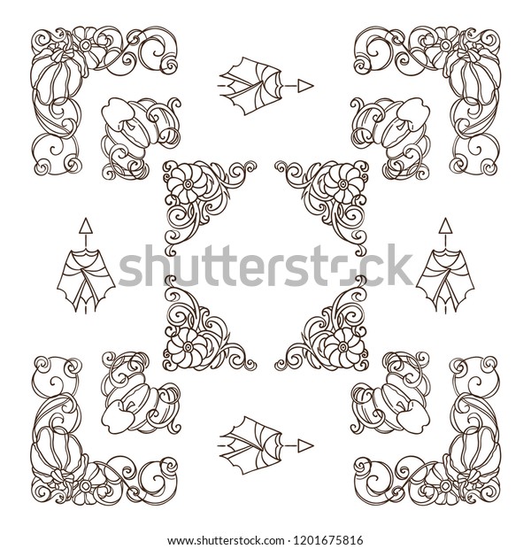 Set of square frames, corners, dividers in ornate
vintage style. Pumpkin, witch hat, bat, broom, cute autumn
elements. Sepia color line isolated on white background. Classic
design, set 2 from 6