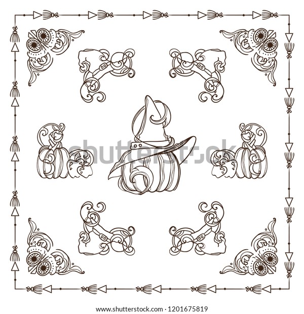 Set of square frames, corners, dividers in ornate\
vintage style. Pumpkin, witch hat, bat, broom, cute autumn\
elements. Sepia color line isolated on white background. Classic\
design, set 3 from 6