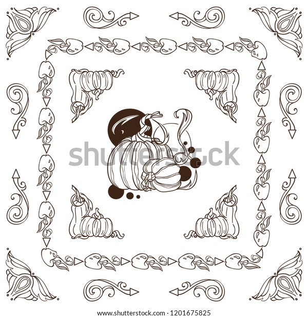 Set of square frames, corners, dividers in ornate\
vintage style. Pumpkin, witch hat, bat, broom, cute autumn\
elements. Sepia color line isolated on white background. Classic\
design, set 6 from 6