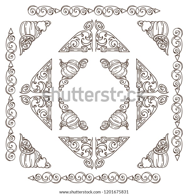 Set of square frames, corners, dividers in ornate\
vintage style. Pumpkin, witch hat, bat, broom, cute autumn\
elements. Sepia color line isolated on white background. Classic\
design, set 4 from 6