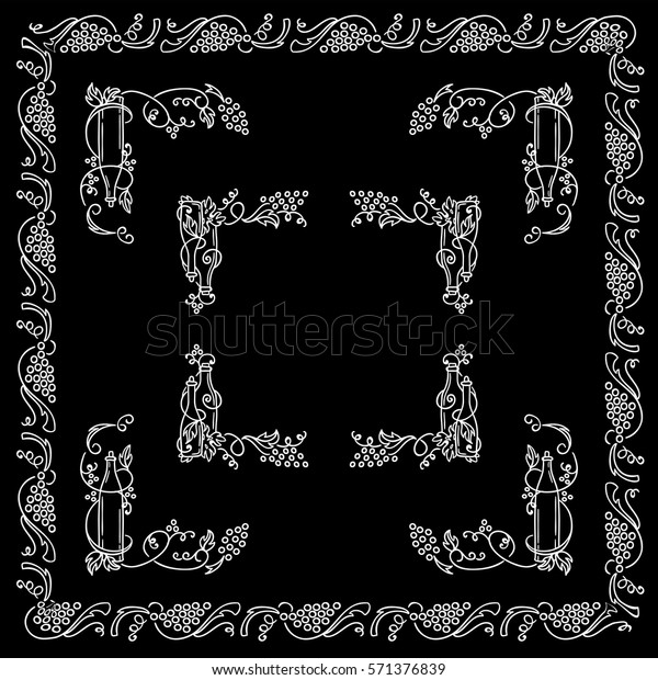 Set of square frames,\
corners, dividers in ornate vintage style. Vine, bottles, grapes,\
wine, wave elements. Sepia color line isolated on white background.\
Chalkboard style