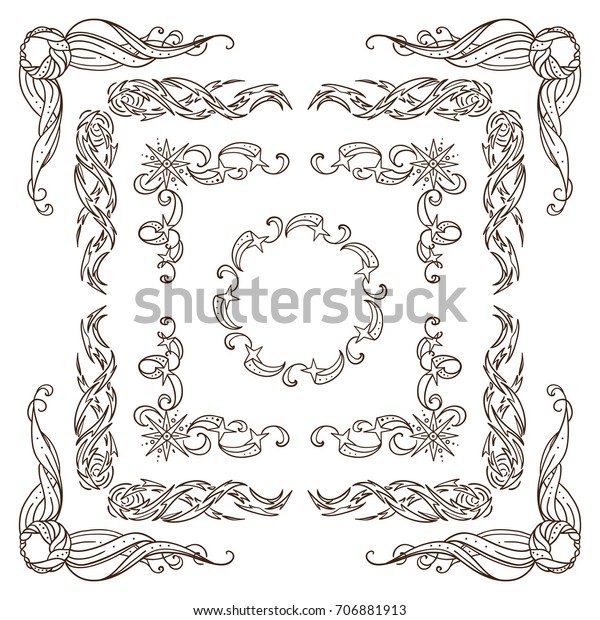 Set of square frames, corners, dividers in ornate\
vintage style. Stars, Space and celestial body abstract elements.\
Sepia color line isolated on white background. Classic design, set\
2 from 6
