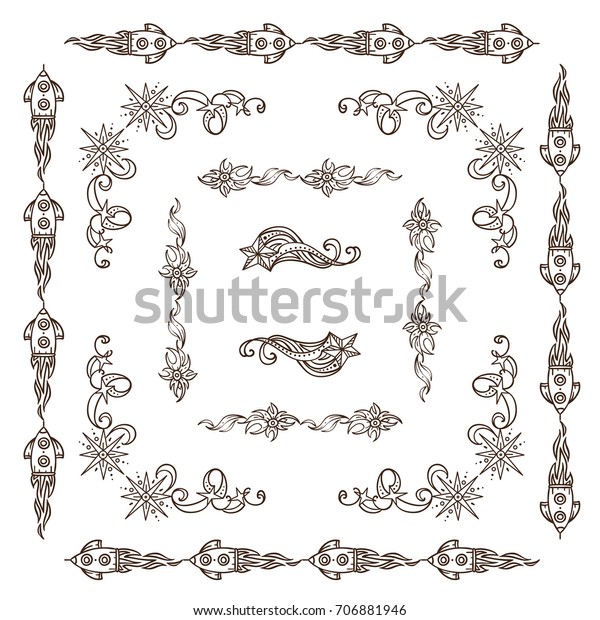 Set of square frames, corners, dividers in ornate\
vintage style. Stars, Space and celestial body abstract elements.\
Sepia color line isolated on white background. Classic design, set\
5 from 6