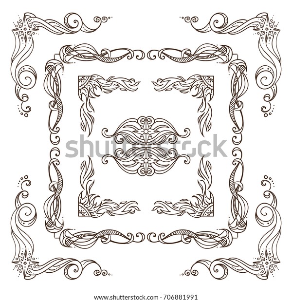 Set of square frames, corners, dividers in ornate\
vintage style. Stars, Space and celestial body abstract elements.\
Sepia color line isolated on white background. Classic design, set\
3 from 6