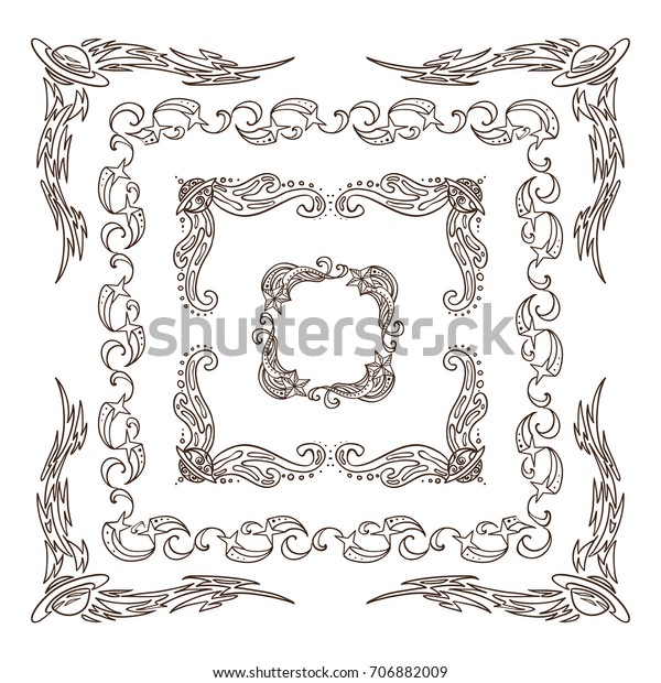Set of square frames, corners, dividers in ornate\
vintage style. Stars, Space and celestial body abstract elements.\
Sepia color line isolated on white background. Classic design, set\
1 from 6