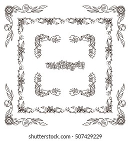 Set of square frames, corners in ornate vintage hand drawn doodle style. Flowers, roses, pears, branches, leaves, wave elements for design. Object isolated on white background. Classic design set 2\6