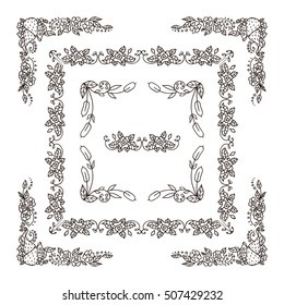 Set of square frames, corners in ornate vintage hand drawn doodle style. Flowers, roses, pears, branches, leaves, wave elements for design. Object isolated on white background. Classic design set 3\6