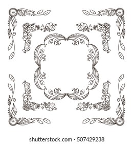 Set of square frames, corners in ornate vintage hand drawn doodle style. Flowers, roses, pears, branches, leaves, wave elements for design. Object isolated on white background. Classic design set 6\6