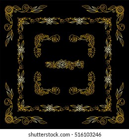 Set of square frames, corners in ornate vintage hand drawn doodle style. Flowers, roses, pears, branches, leaves, wave elements for design. Premium gold style