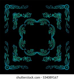 Set of square frames, corners in ornate vintage hand drawn doodle style. Flowers, roses, pears, branches, leaves, wave elements for design. Green-blue watercolor style