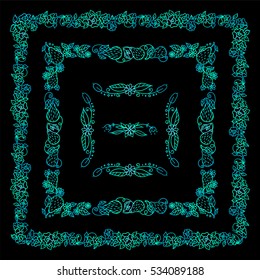 Set of square frames, corners in ornate vintage hand drawn doodle style. Flowers, roses, pears, branches, leaves, wave elements for design. Green-blue watercolor style