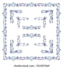 Set of square frames, corners in ornate vintage hand drawn doodle style. Flowers, roses, pears, branches, leaves, wave elements for design. Blue watercolor style isolated on white