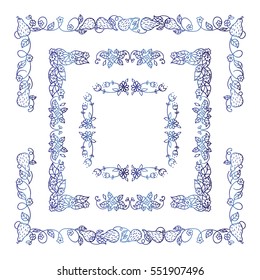 Set of square frames, corners in ornate vintage hand drawn doodle style. Flowers, roses, pears, branches, leaves, wave elements for design. Blue watercolor style isolated on white