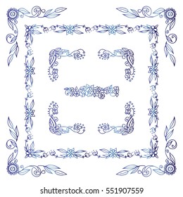 Set of square frames, corners in ornate vintage hand drawn doodle style. Flowers, roses, pears, branches, leaves, wave elements for design. Blue watercolor style isolated on white