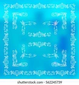 Set of square frames, corners in ornate vintage hand drawn doodle style. Flowers, roses, pears, branches, leaves, wave elements for design. White line. Elements for photo decor