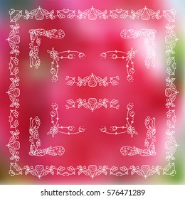 Set of square frames, corners in ornate vintage hand drawn doodle style. Flowers, roses, pears, branches, leaves, wave elements for design. White line. Elements for photo decor