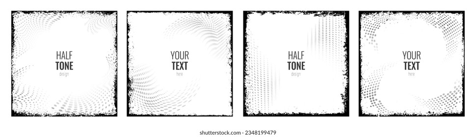 Set of square frames. Dirty brush strokes. Halftone elements, place for text. Hand drawn abstract frame set. Empty black squares borders. Vector grunge overlay.  