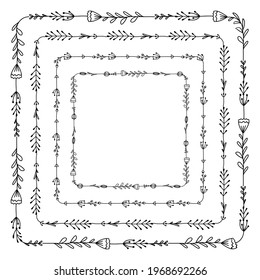 Set of square frames with doodle flowers, branches and leaves. Black and white scribble natural drawings oh herbs. Vector templates for invitations, cards, banners