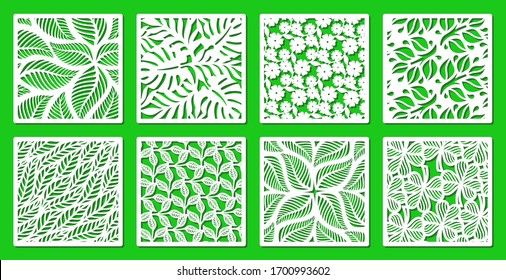 Set of square frames with a floral pattern of leaves, flowers, twigs. Design element, sample panel for plotter cutting. Template for paper cut, plywood, cardboard, metal engraving, wood carving, print