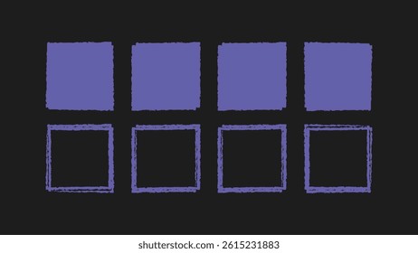 Set of square frames with grunge brush strokes and sketchy scribbles. Includes rough textures and kids-style pastel lines. Vector illustration.