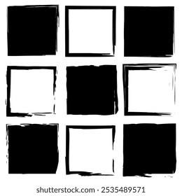 Set of square frames. Hand drawn borders. Black and white squares. Grunge style shapes.