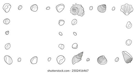 Set of square frames made of pebbles and shells, backgrounds with shells and pebbles, contour